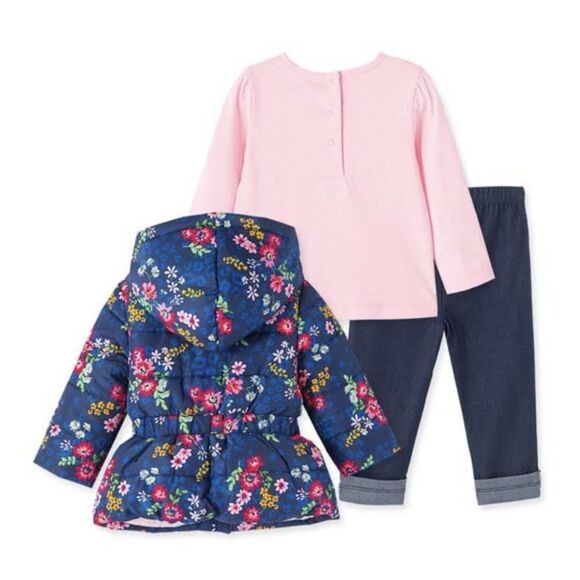 Girls Toddler Puffer Jacket 3-piece Set Pants Floral Hooded NWT Little Me - Picture 2 of 12
